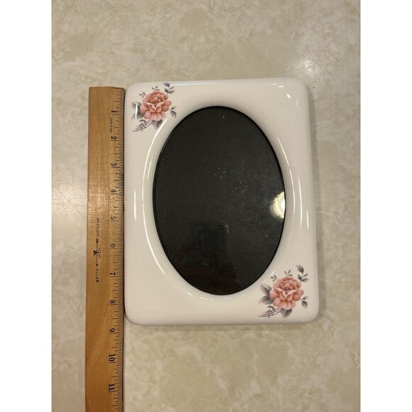 Vtg Ceramic Victorian Rose 8.75x6.75 Photo Frame Oval Inset Tabletop White - Picture 3 of 9